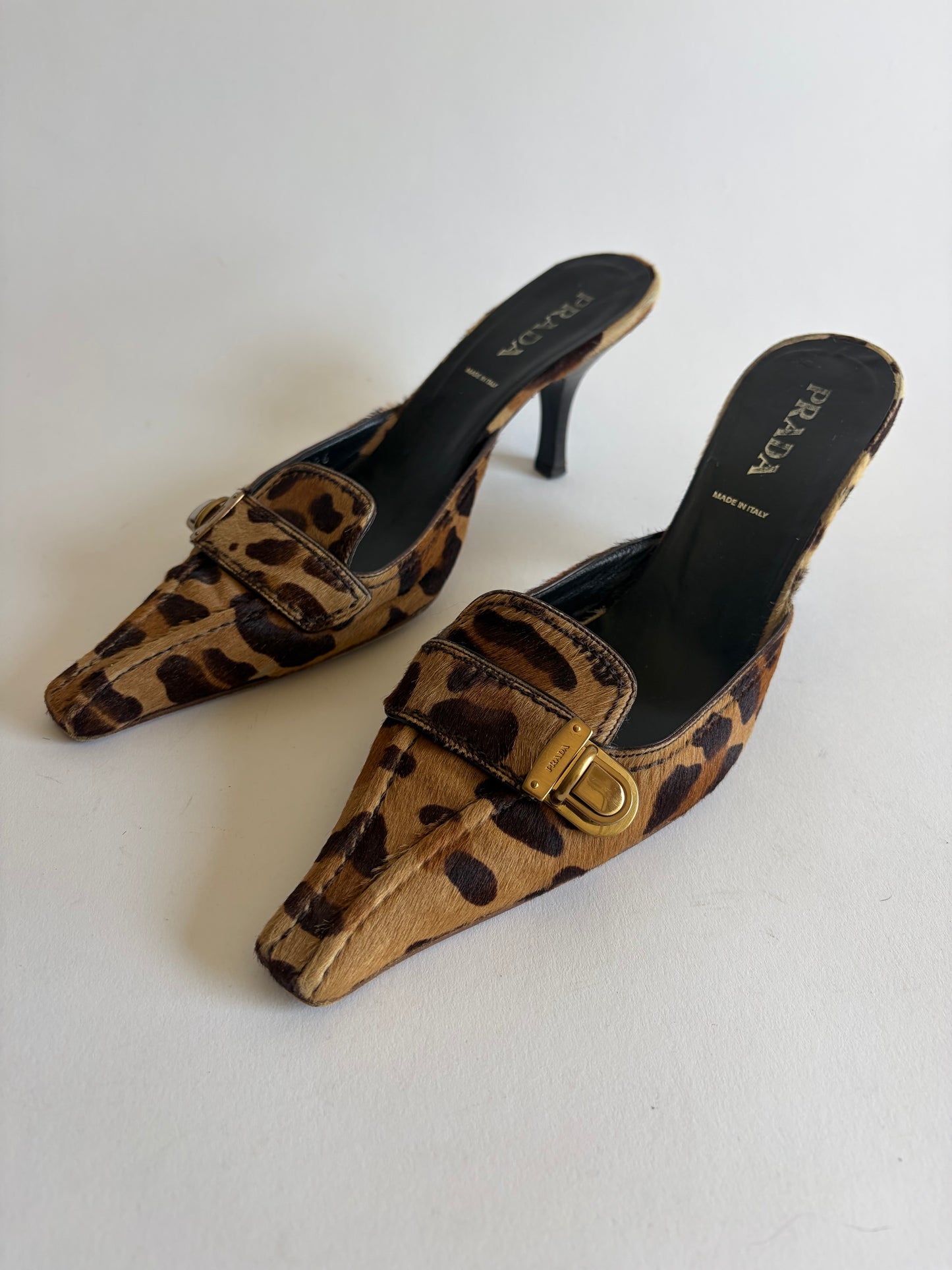 VINTAGE PRADA LEOPARD CALF HAIR POINTED TOE MULES