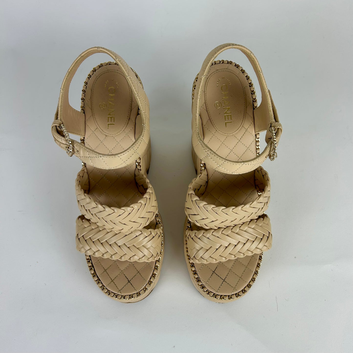 CHANEL 2015 QUILTED PATTERN BEIGE PLATFORM SANDALS