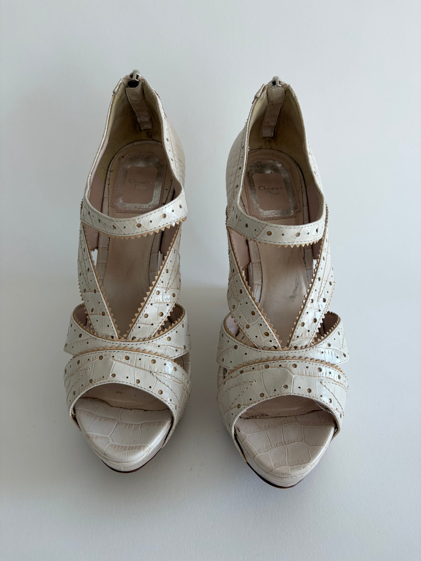 CHRISTIAN DIOR 2000S WHITE STAMPED CROC BONNIE WEDGE SANDALS