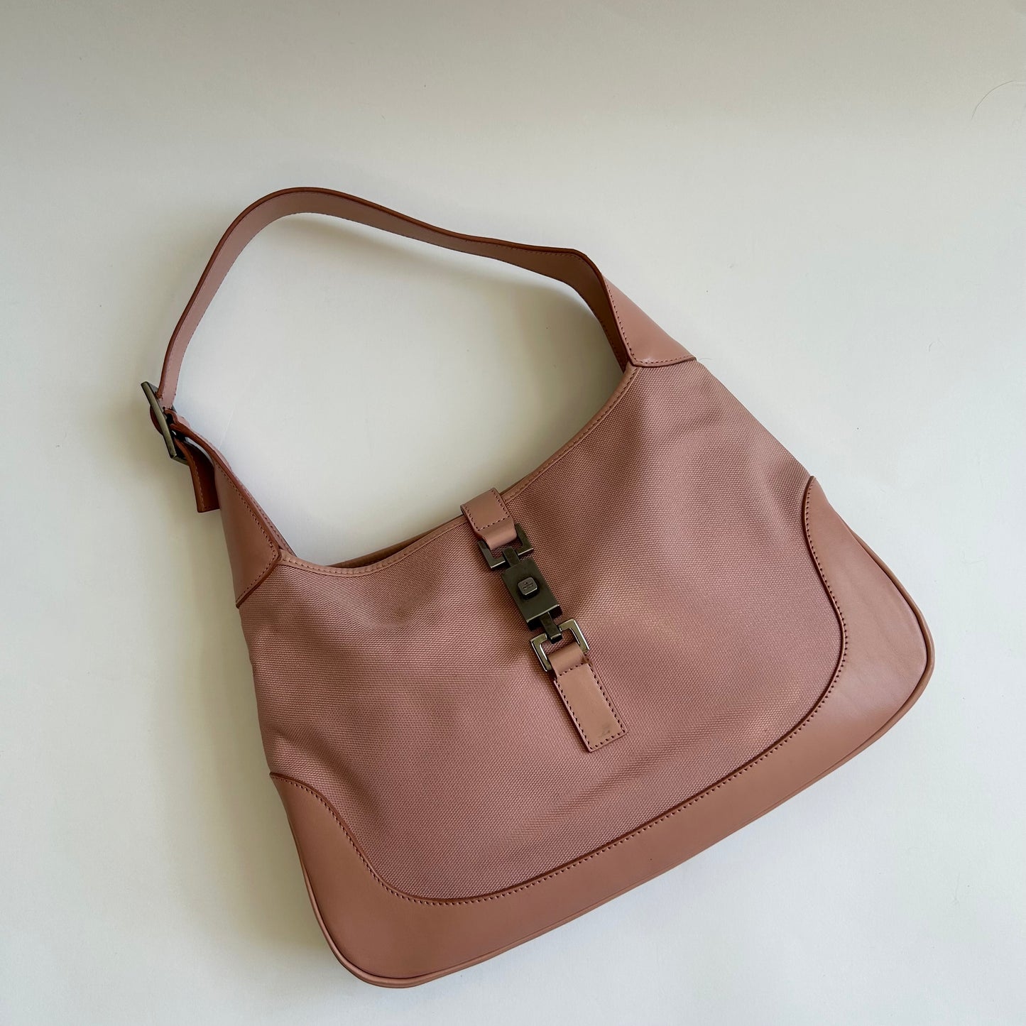 VINTAGE GUCCI JACKIE 1961 PINK CANVAS LEATHER SHOULDER BAG