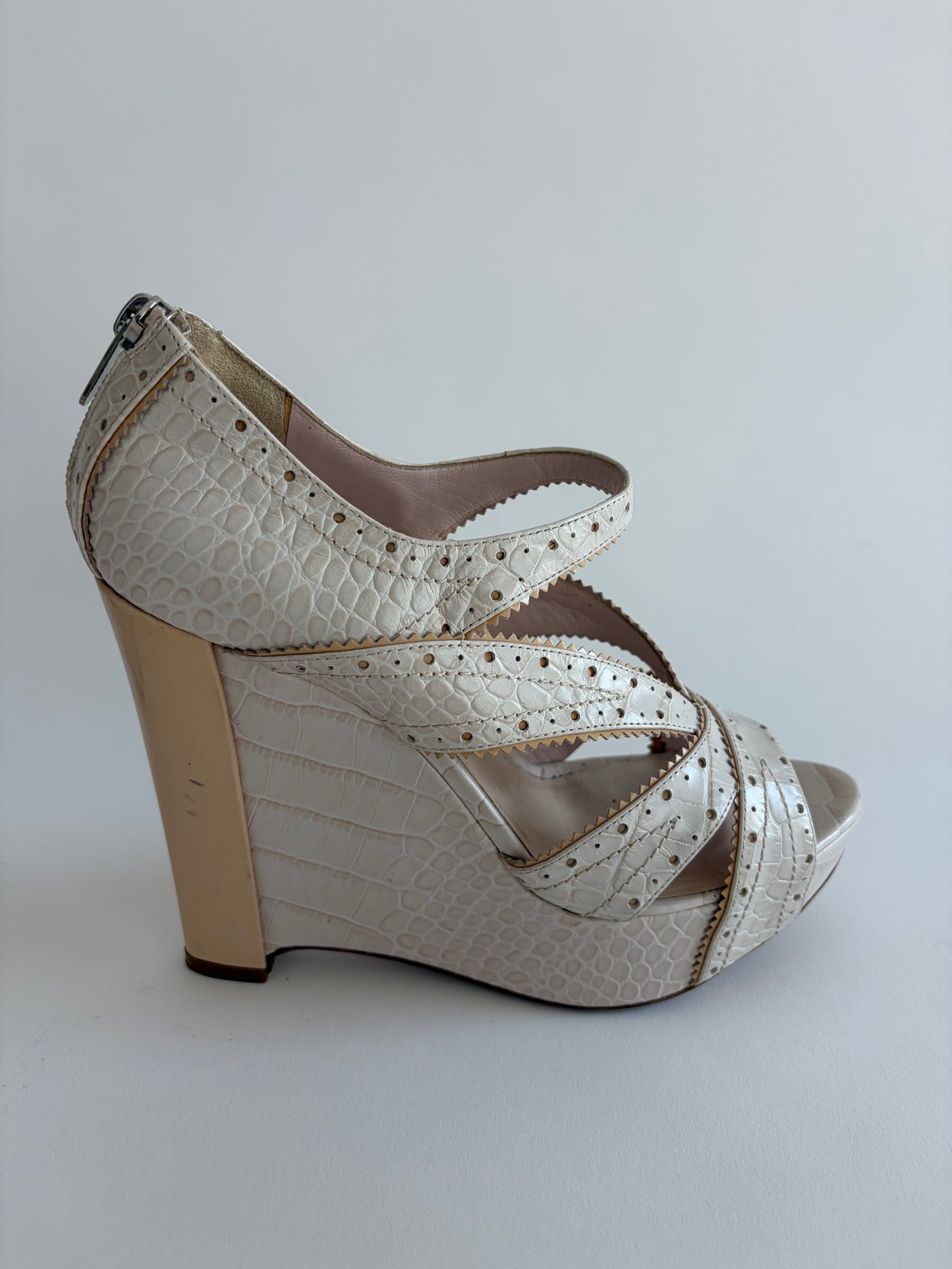 CHRISTIAN DIOR 2000S WHITE STAMPED CROC BONNIE WEDGE SANDALS