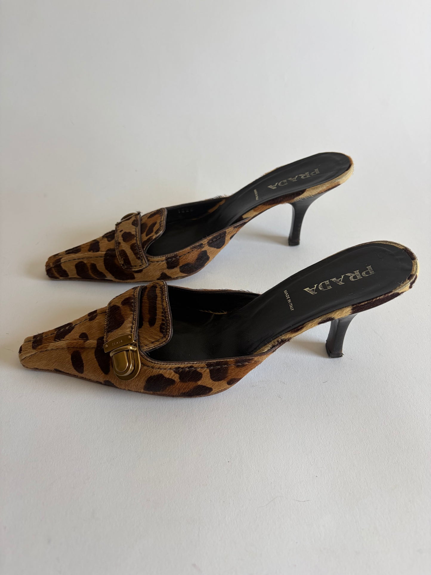 VINTAGE PRADA LEOPARD CALF HAIR POINTED TOE MULES