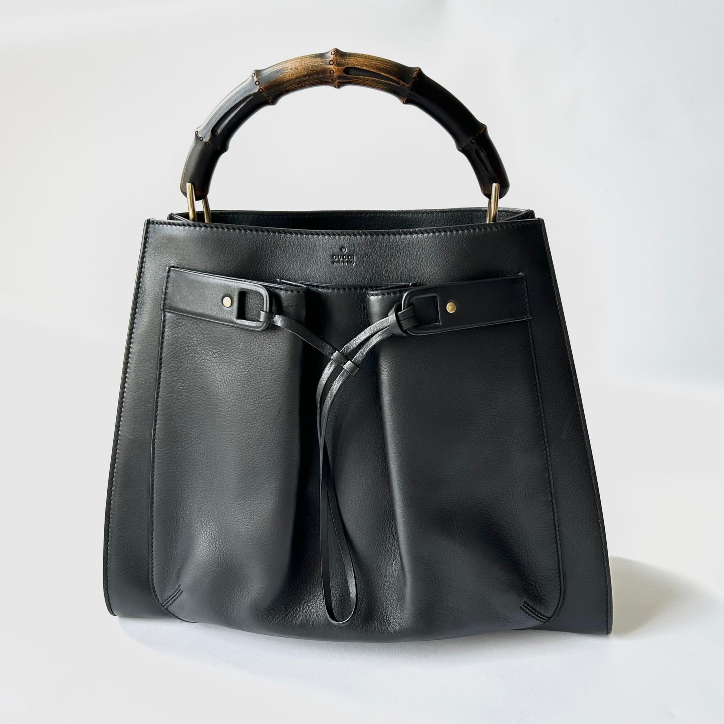 GUCCI BAMBOO FRONT POCKET BLACK LEATHER TOTE BAG