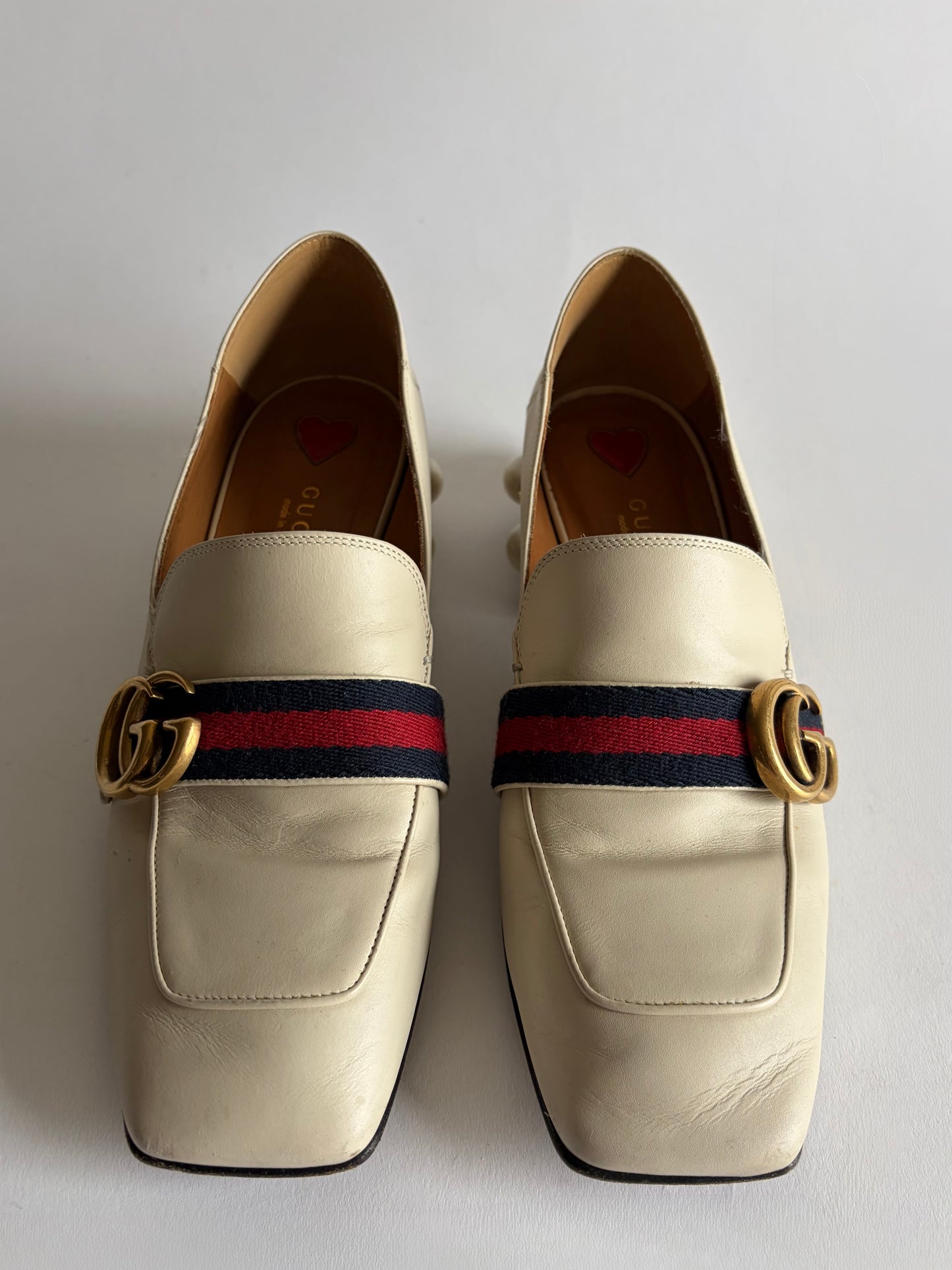 GUCCI PEYTON LEATHER PEARL HEELS MARMONT GG LOAFERS