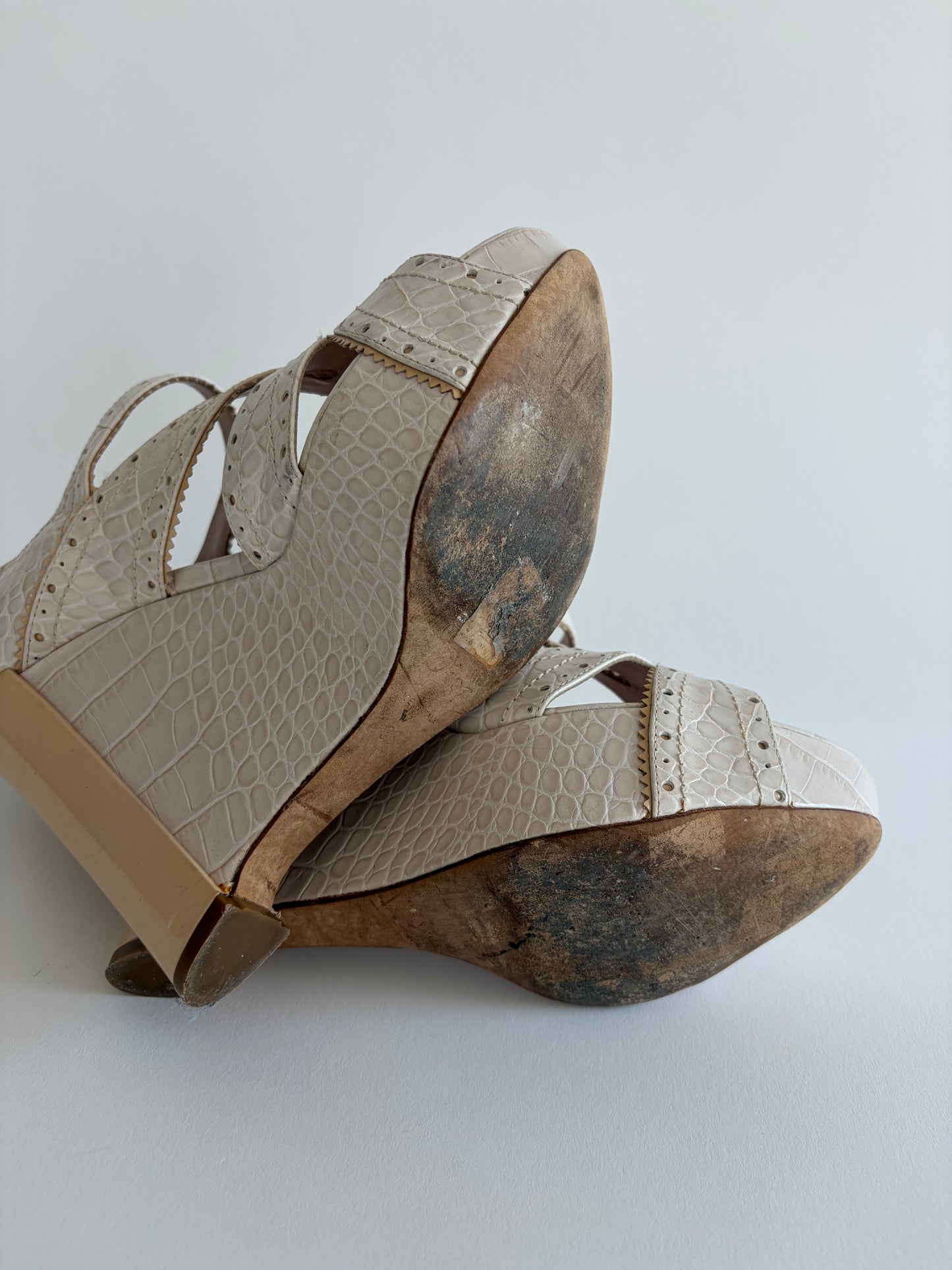 CHRISTIAN DIOR 2000S WHITE STAMPED CROC BONNIE WEDGE SANDALS