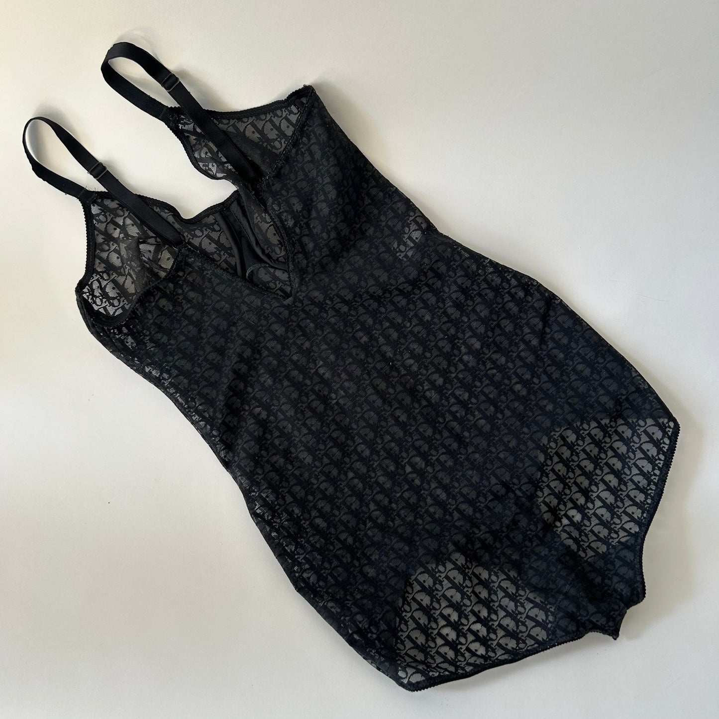 VINTAGE 80'S CHRISTIAN DIOR MESH MONOGRAM BLACK BODY SUIT