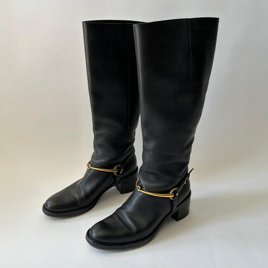 GUCCI BLACK LEATHER HORSEBIT TESS TALL BOOTS