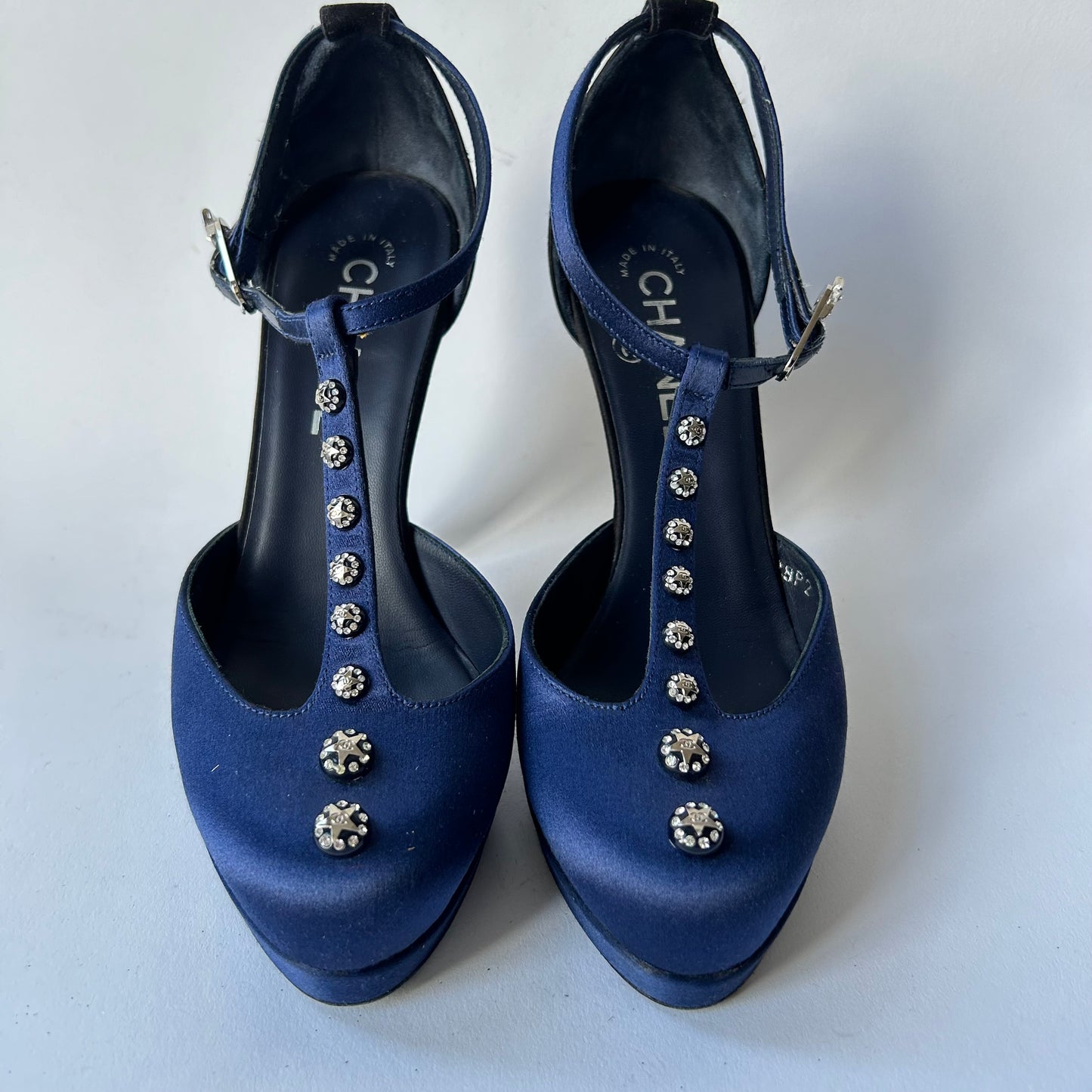 CHANEL NAVY SATIN CRYSTAL EMBELLISHED T-STRAP PLATFORM PUMPS SIZE 37