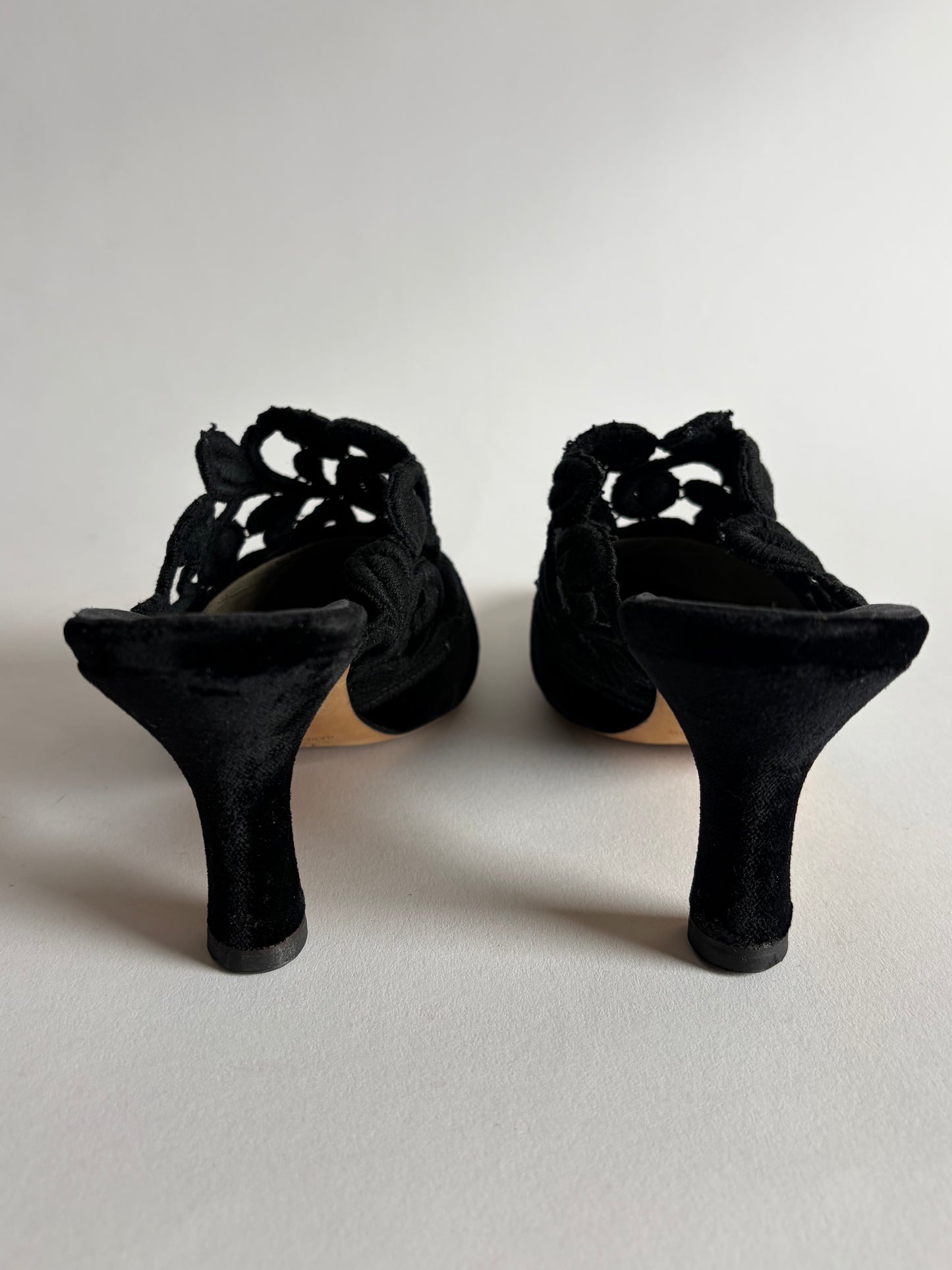 MANOLO BLAHNIK VELOUR AND LACE MULES