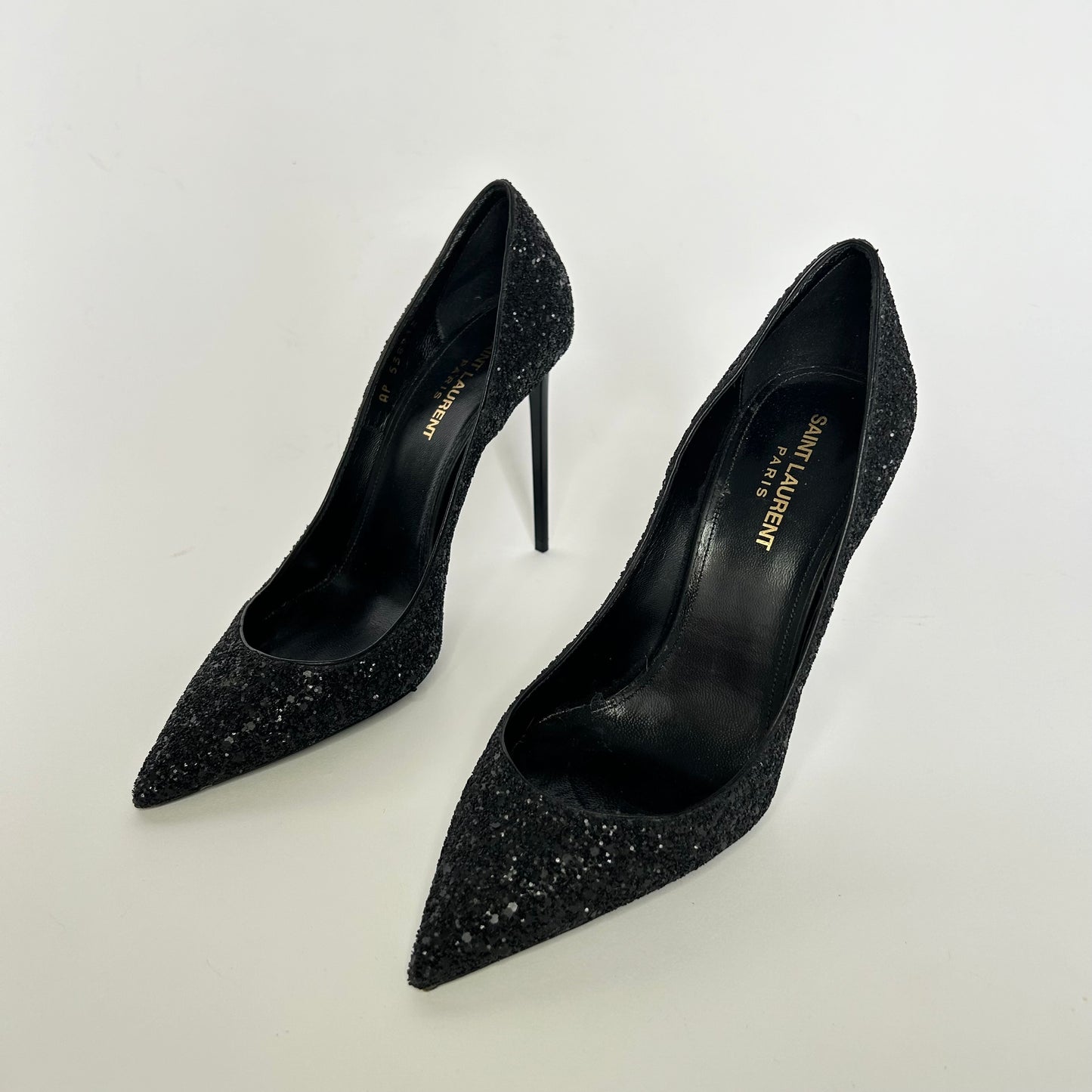 SAINT LAURENT ZOE BLACK GLITTER HIGH HEELS PUMPS SIZE 38.5