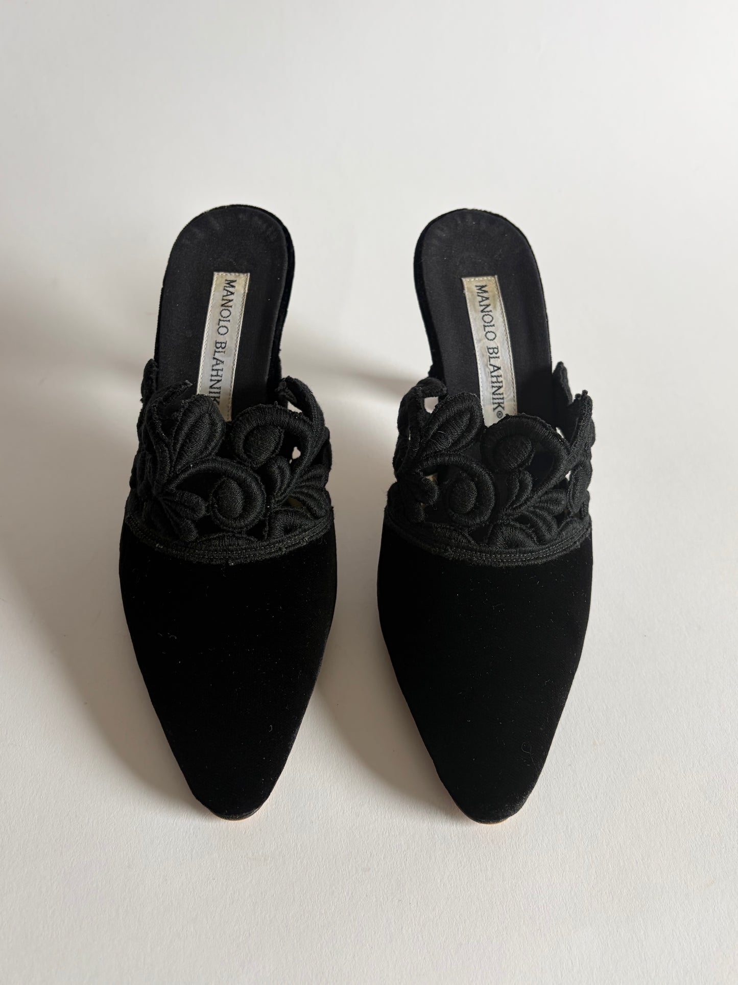 MANOLO BLAHNIK VELOUR AND LACE MULES
