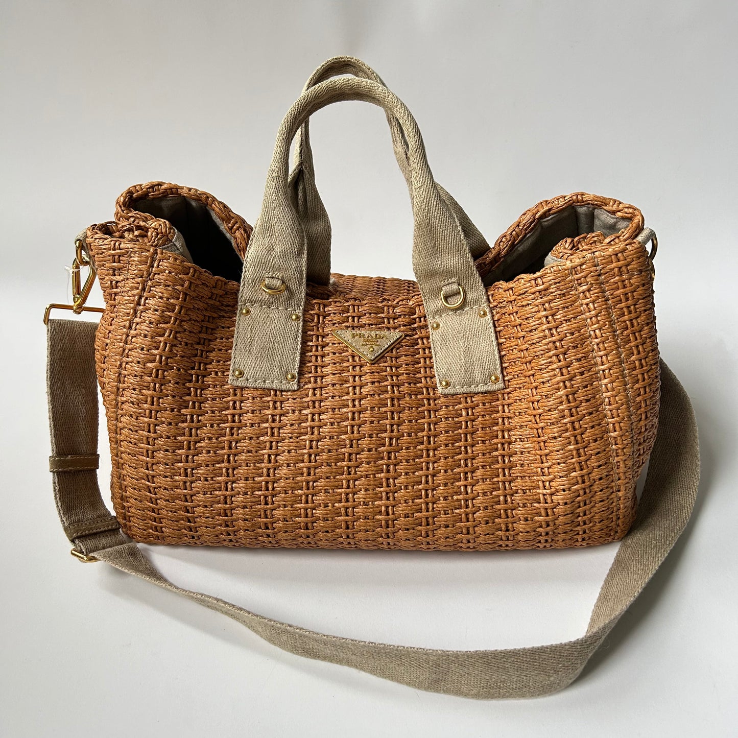 PRADA CANAPA STUOIA STRAW WOVEN HANDBAG