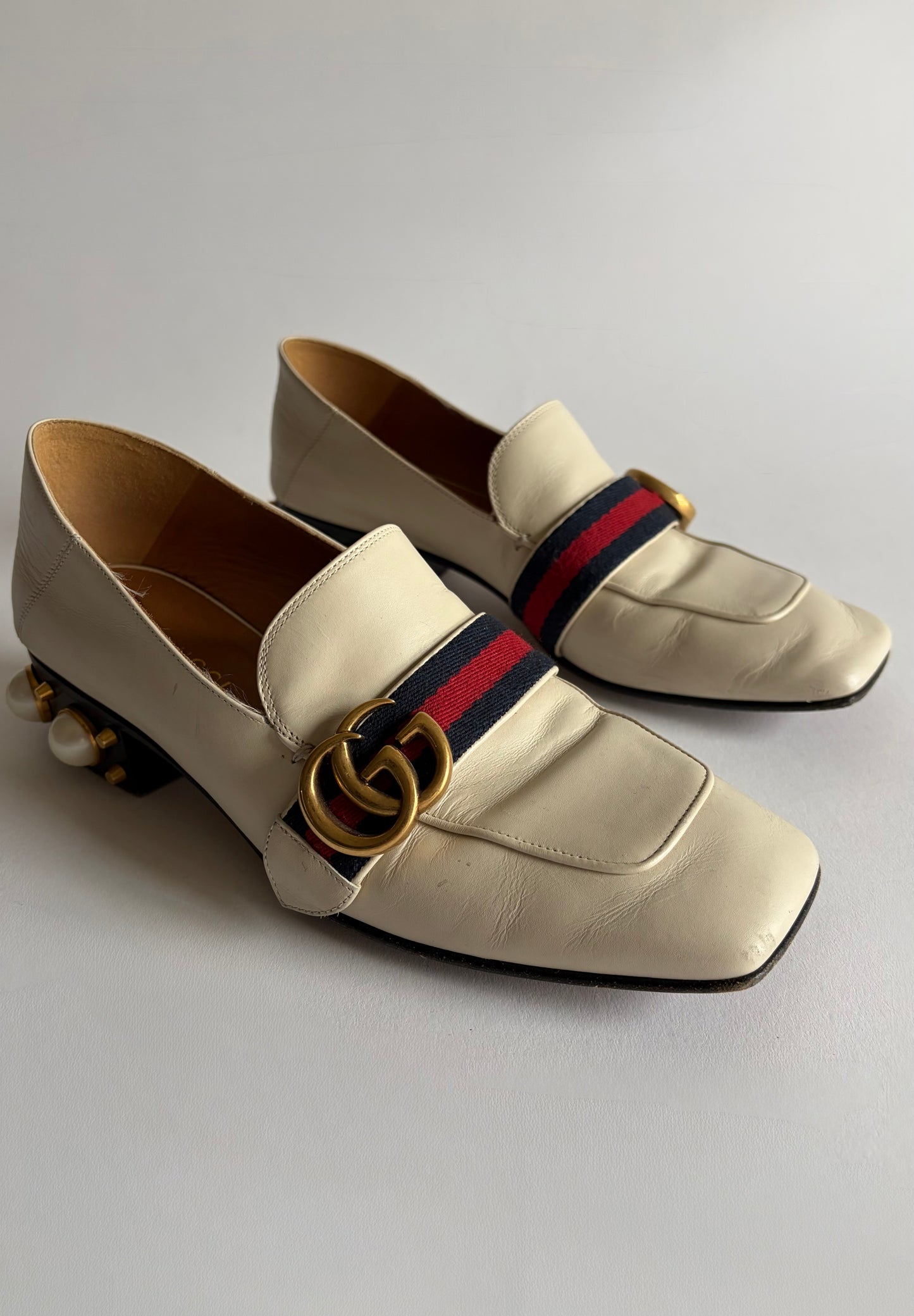 GUCCI PEYTON LEATHER PEARL HEELS MARMONT GG LOAFERS