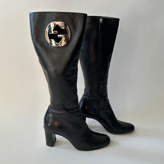 GUCCI BY TOM FORD GG INTERLOCKING BLACK LEATHER BOOTS