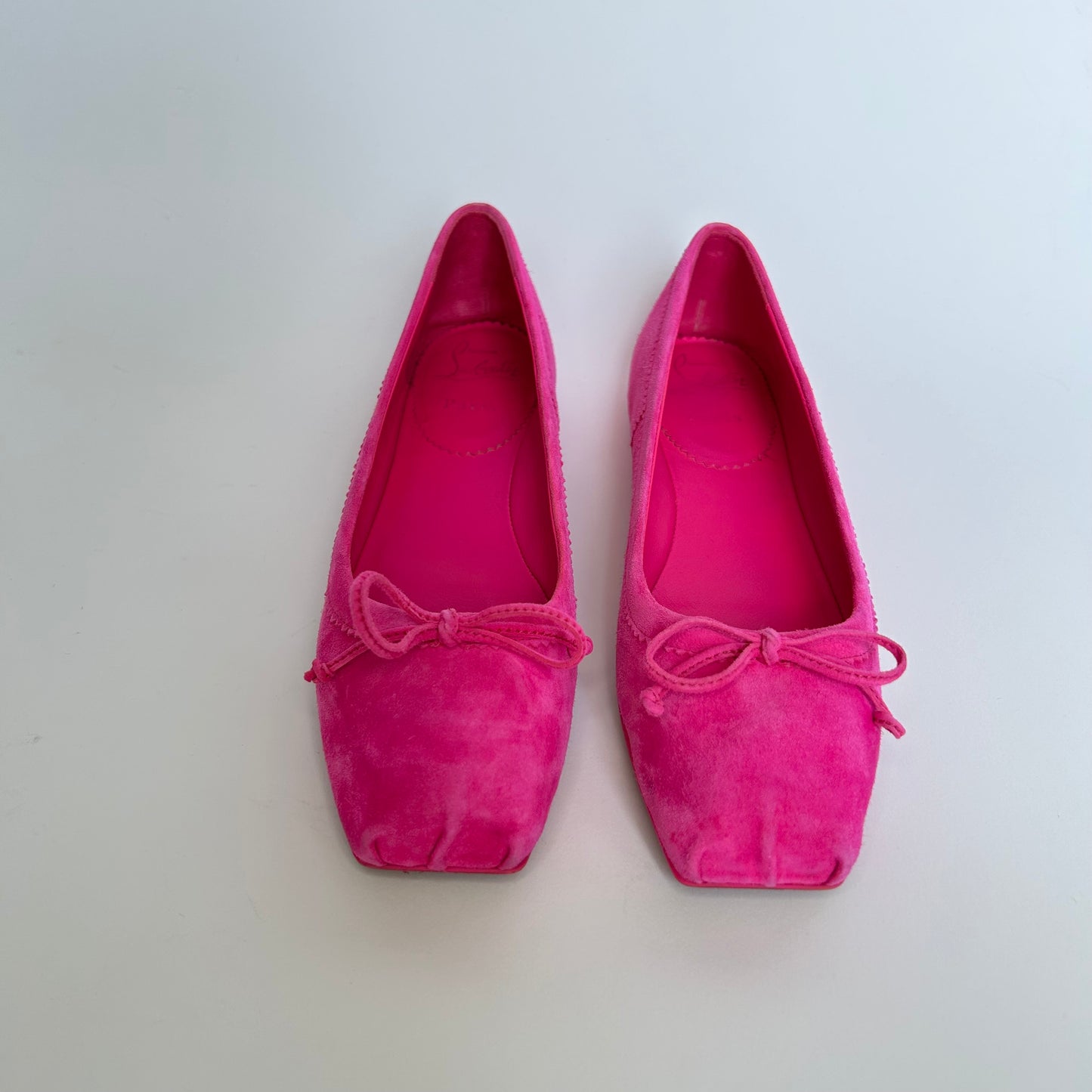 CHRISTIAN LOUBOUTIN MAMADRAGUE PINK SUEDE SQUARE TOE BALLET FLATS SIZE 37.5