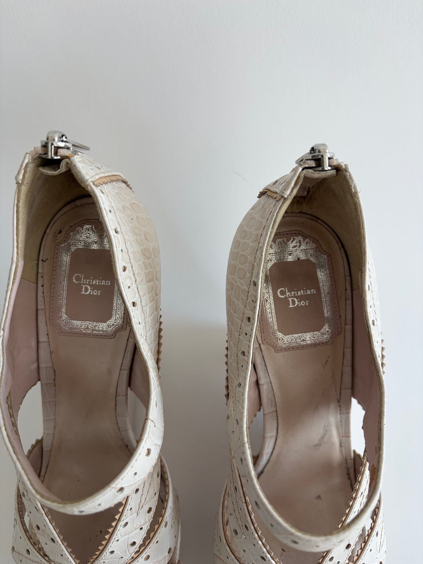 CHRISTIAN DIOR 2000S WHITE STAMPED CROC BONNIE WEDGE SANDALS