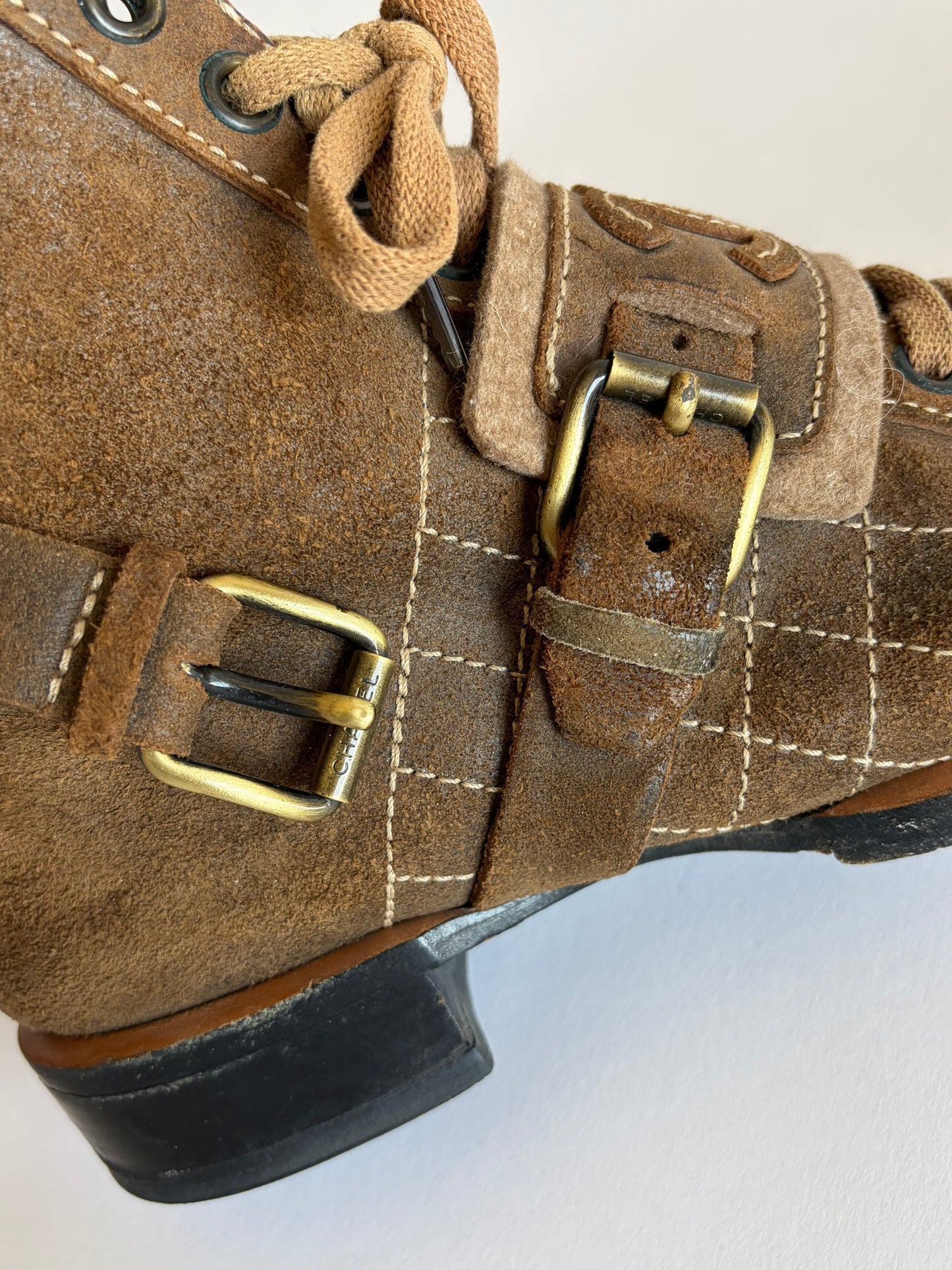 VINTAGE CHANEL SUEDE BROWN COMBAT BOOTS