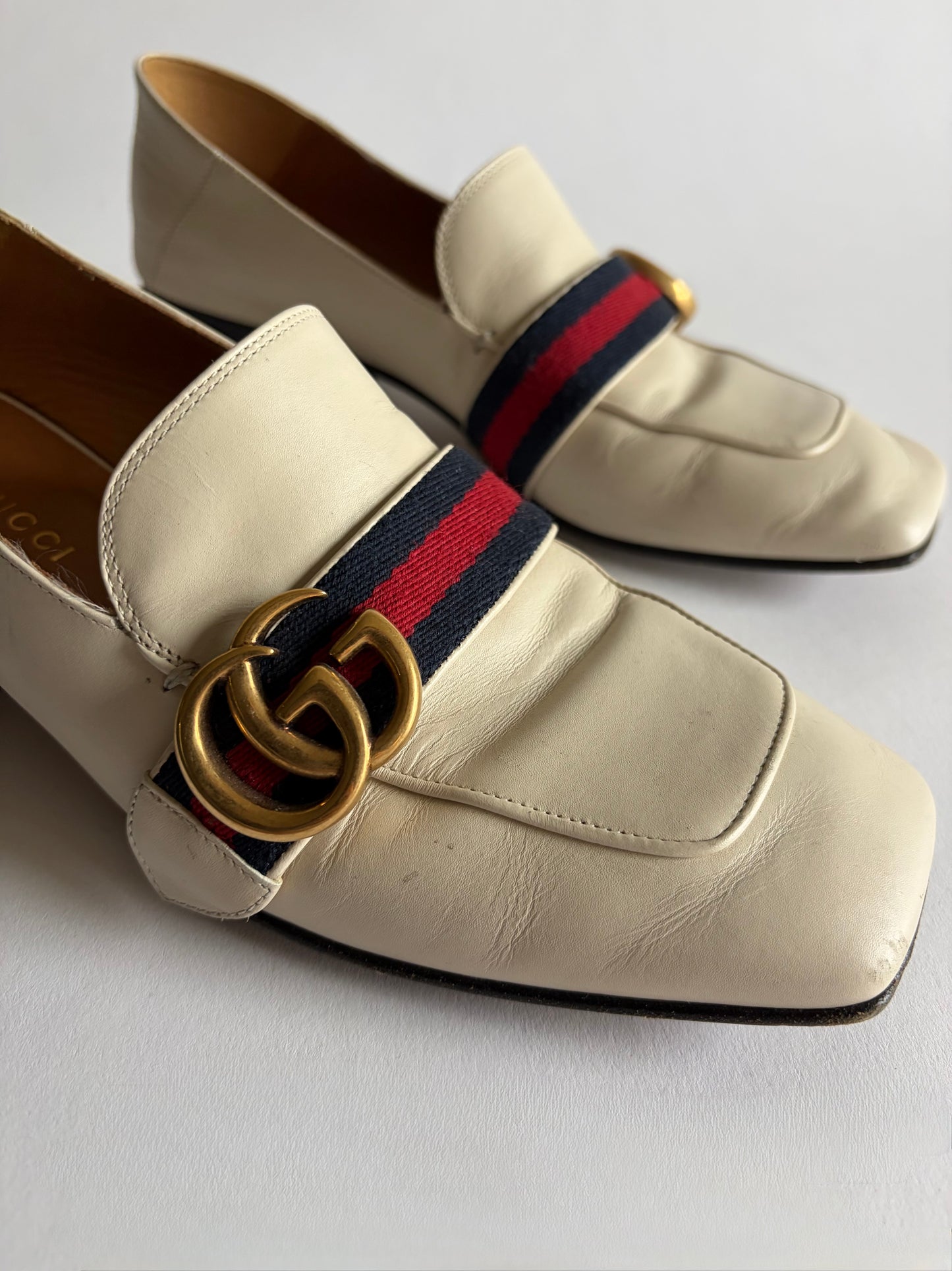 GUCCI PEYTON LEATHER PEARL HEELS MARMONT GG LOAFERS