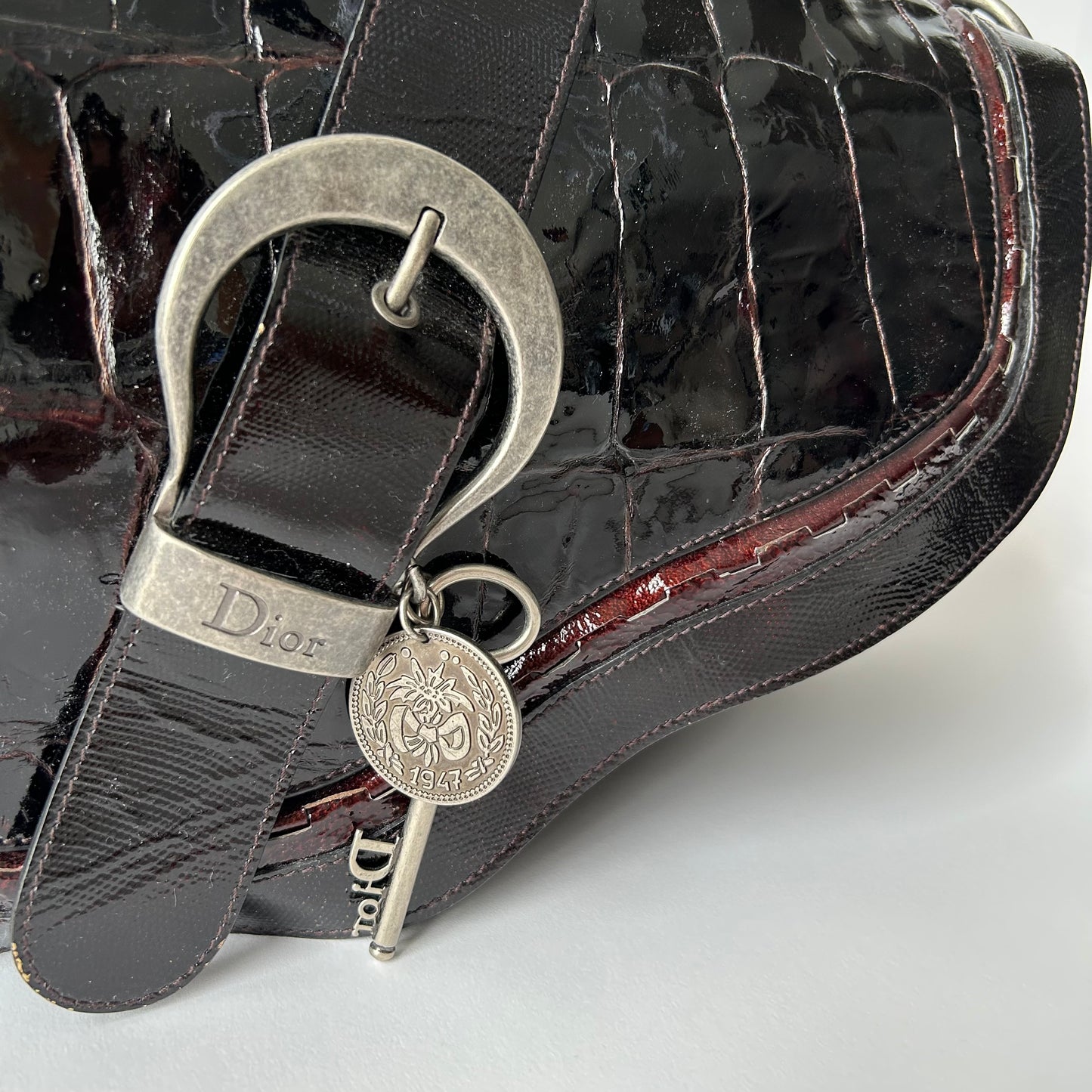 CHRISTIAN DIOR VINTAGE GAUCHO SADDLE BAG CROCODILE EMBOSSED PATENT LEATHER BAG