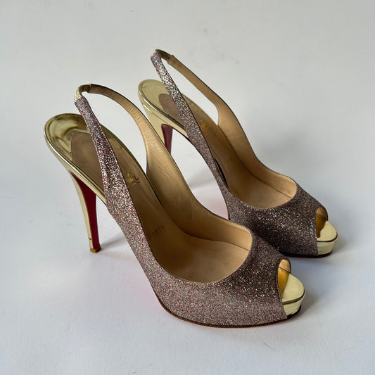 CHRISTIAN LOUBOUTIN LADY PEEP SLINGBACK PEEP TOE GLITTER HEEL SIZE 40