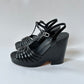 CHANEL 2012 WEDGE SANDALS INTERLOCKING CC BLACK PATENT LEATHER SIZE 40