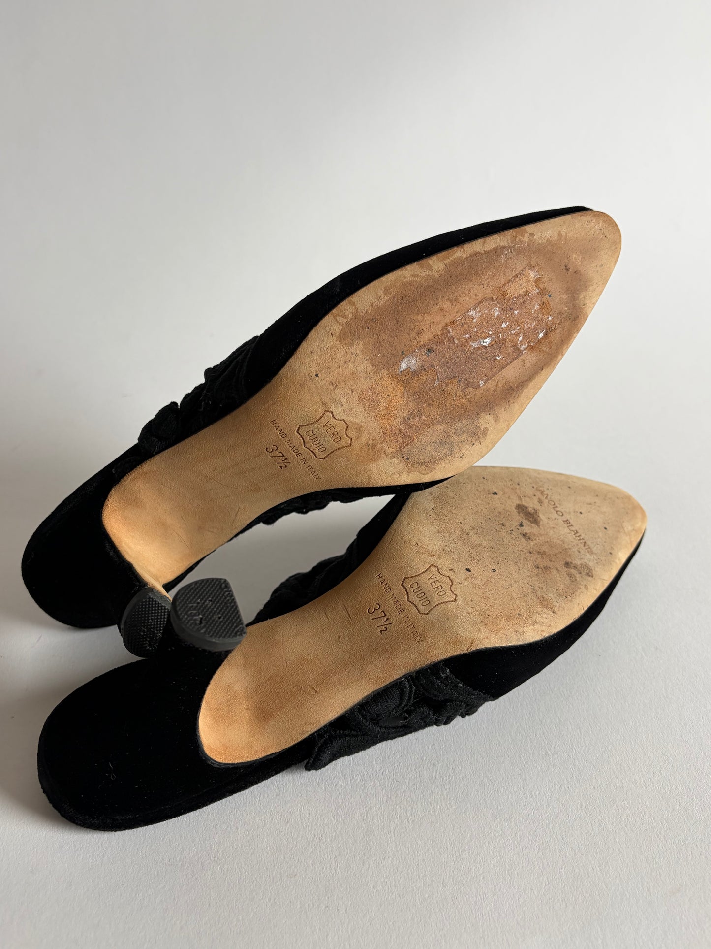 MANOLO BLAHNIK VELOUR AND LACE MULES