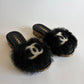 CHANEL SHEARLING FUR SANDALS CC LOGO
