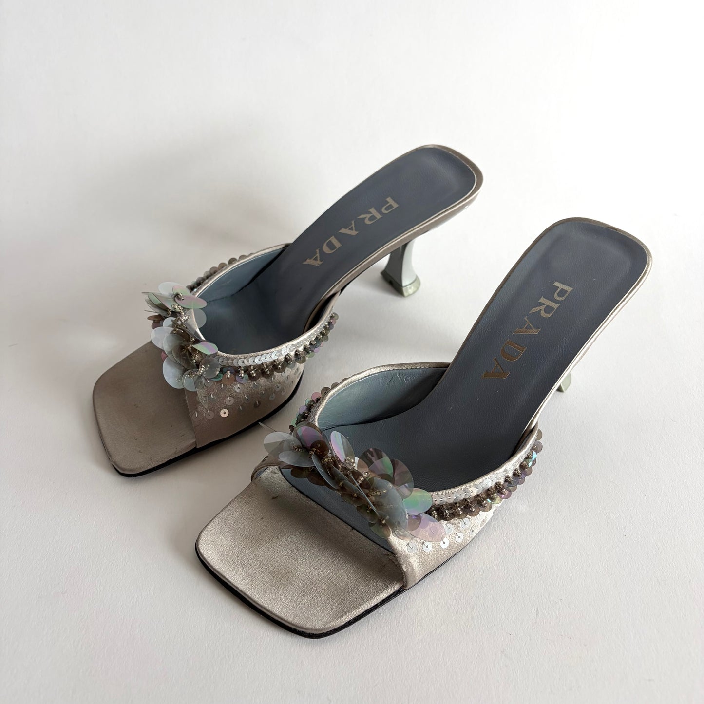 PRADA SATIN SQUARE TOE SEQUIN KITTEN HEELS