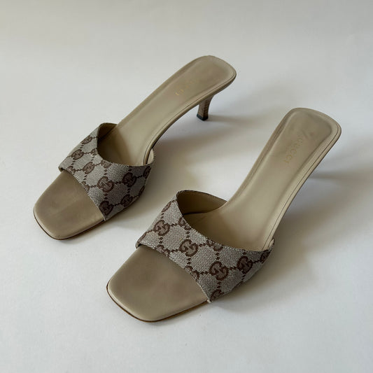 GUCCI MONOGRAM SQUARE TOE MULES