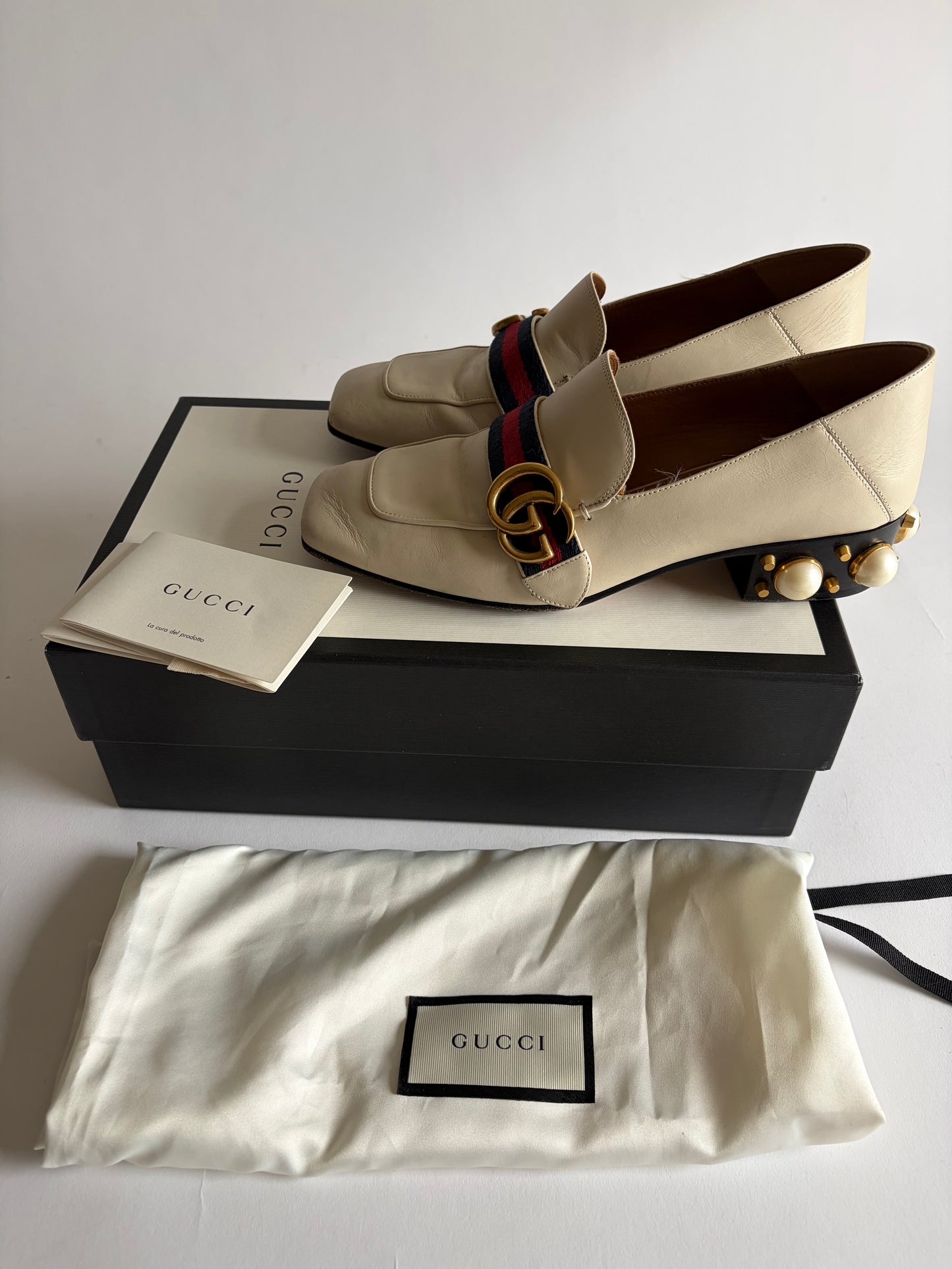 GUCCI PEYTON LEATHER PEARL HEELS MARMONT GG LOAFERS