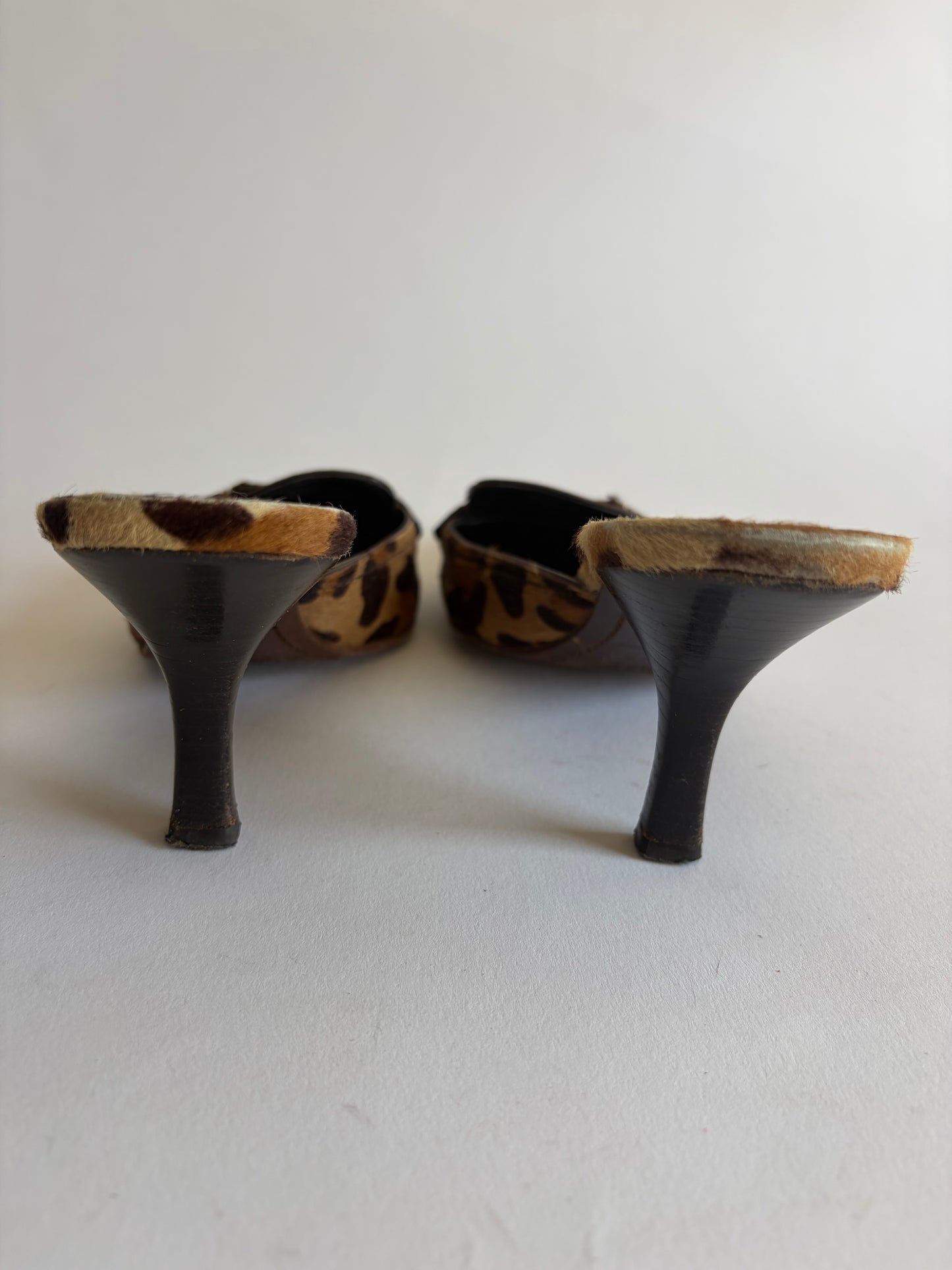 VINTAGE PRADA LEOPARD CALF HAIR POINTED TOE MULES