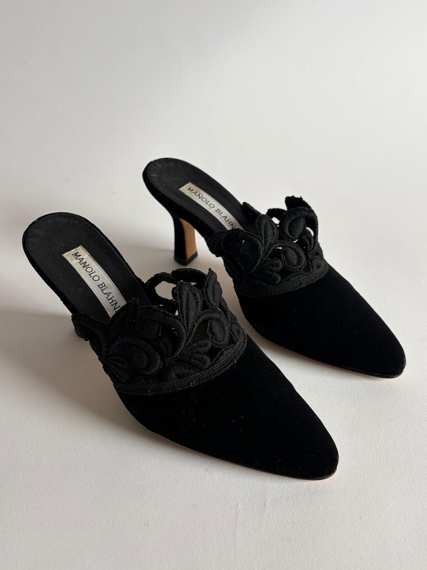 MANOLO BLAHNIK VELOUR AND LACE MULES
