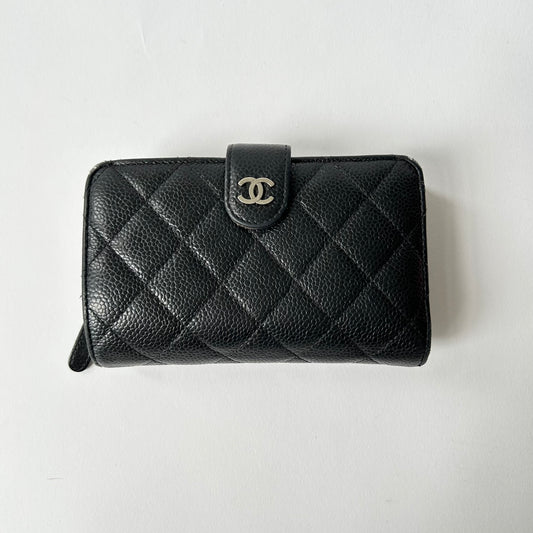 CHANEL QUILTED CC CAVIAR L-ZIP LEATHER WALLET