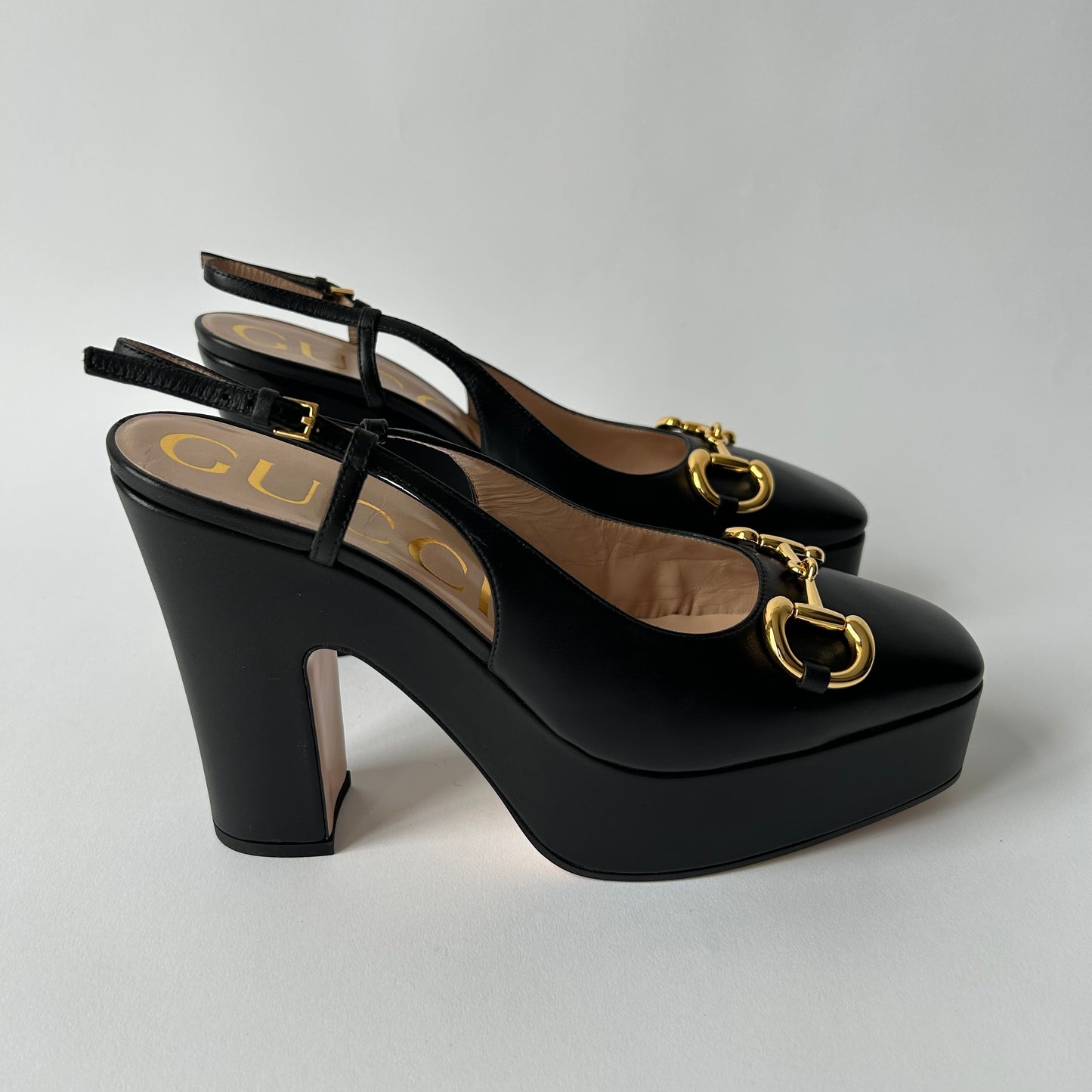 GUCCI HORSEBIT BABY PLATFORM SLINGBACK BLACK PUMPS HEELS SIZE 40