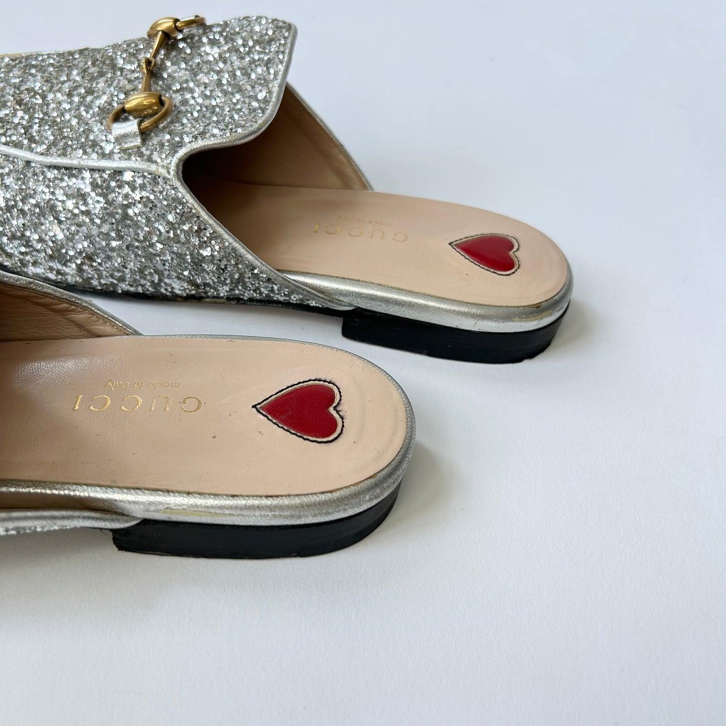 GUCCI PRINCETOWN HORSEBIT-DETAILED GLITTER LEATHER SLIPPERS SIZE 37