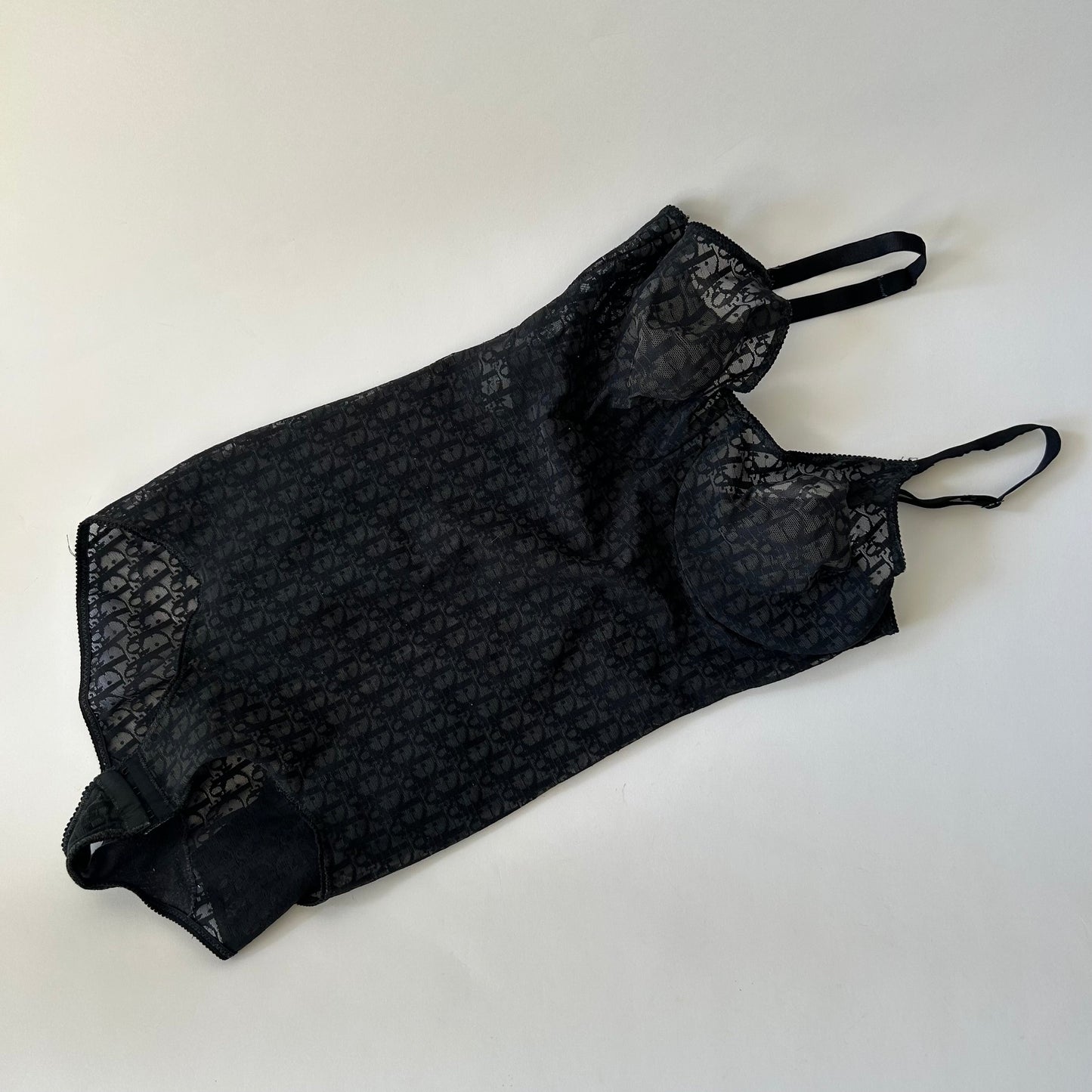 VINTAGE 80'S CHRISTIAN DIOR MESH MONOGRAM BLACK BODY SUIT