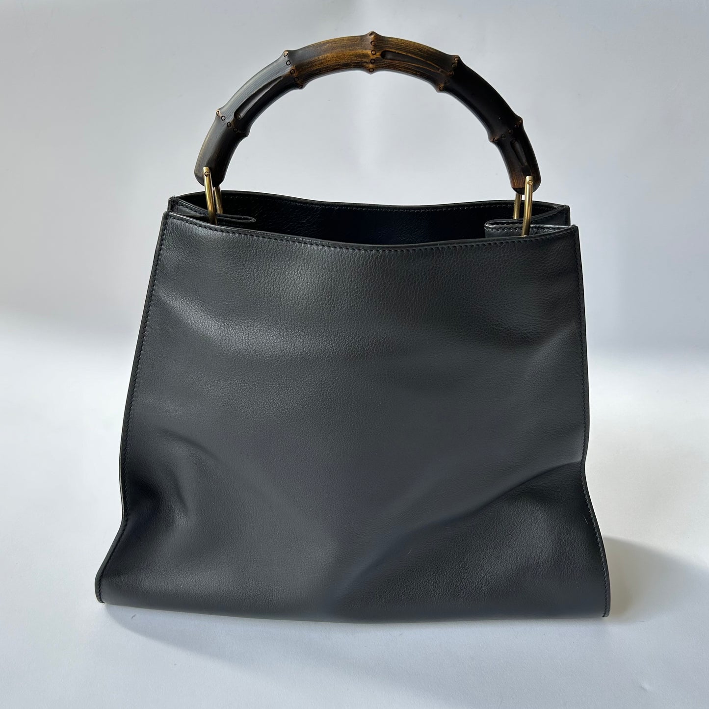 GUCCI BAMBOO FRONT POCKET BLACK LEATHER TOTE BAG