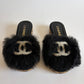 CHANEL SHEARLING FUR SANDALS CC LOGO