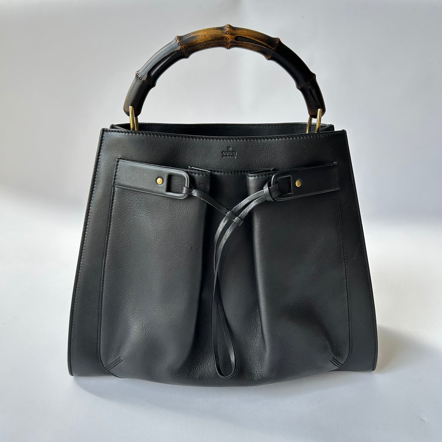 GUCCI BAMBOO FRONT POCKET BLACK LEATHER TOTE BAG