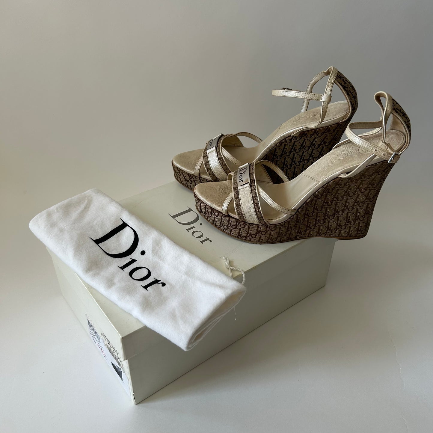 DIOR DIORISSIMO BEIGE WEDGE SANDALS