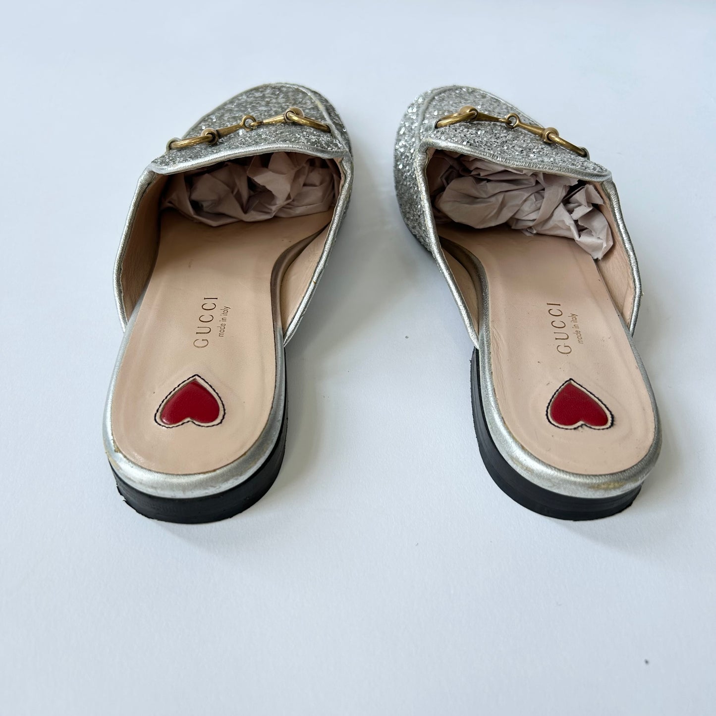 GUCCI PRINCETOWN HORSEBIT-DETAILED GLITTER LEATHER SLIPPERS SIZE 37