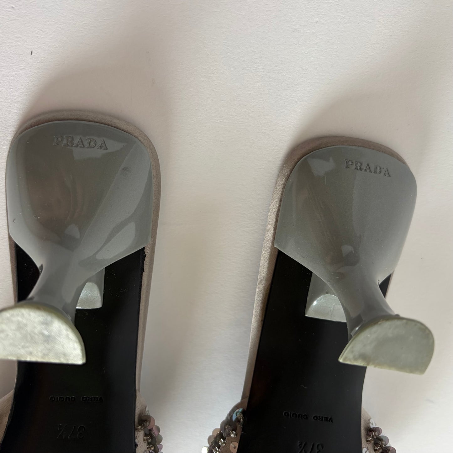 PRADA SATIN SQUARE TOE SEQUIN KITTEN HEELS