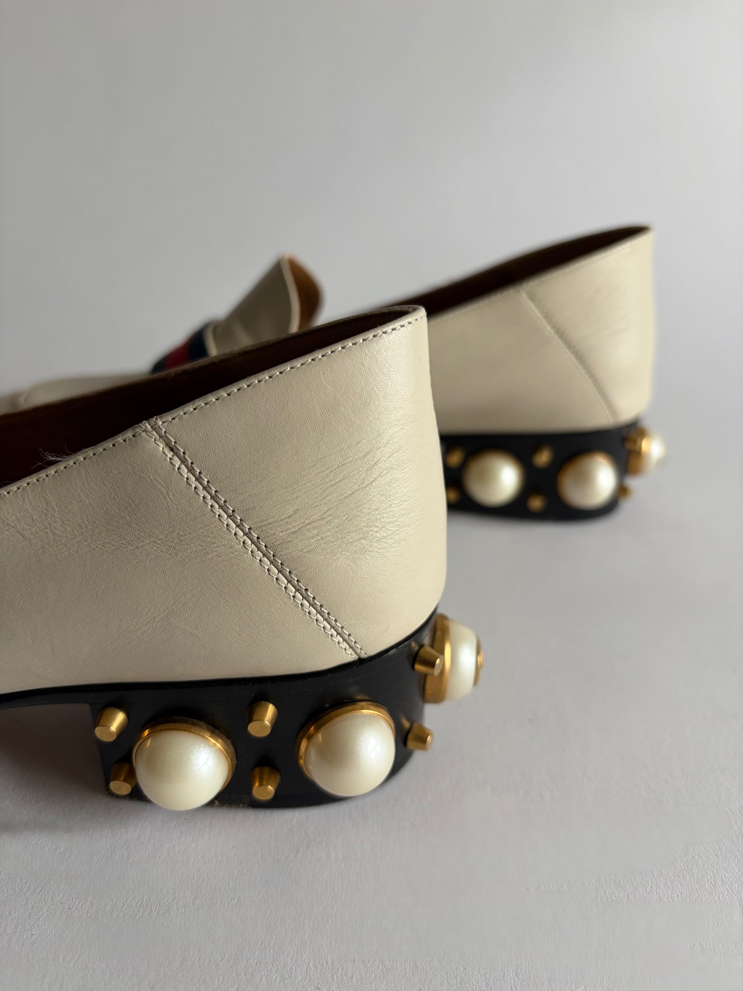 GUCCI PEYTON LEATHER PEARL HEELS MARMONT GG LOAFERS