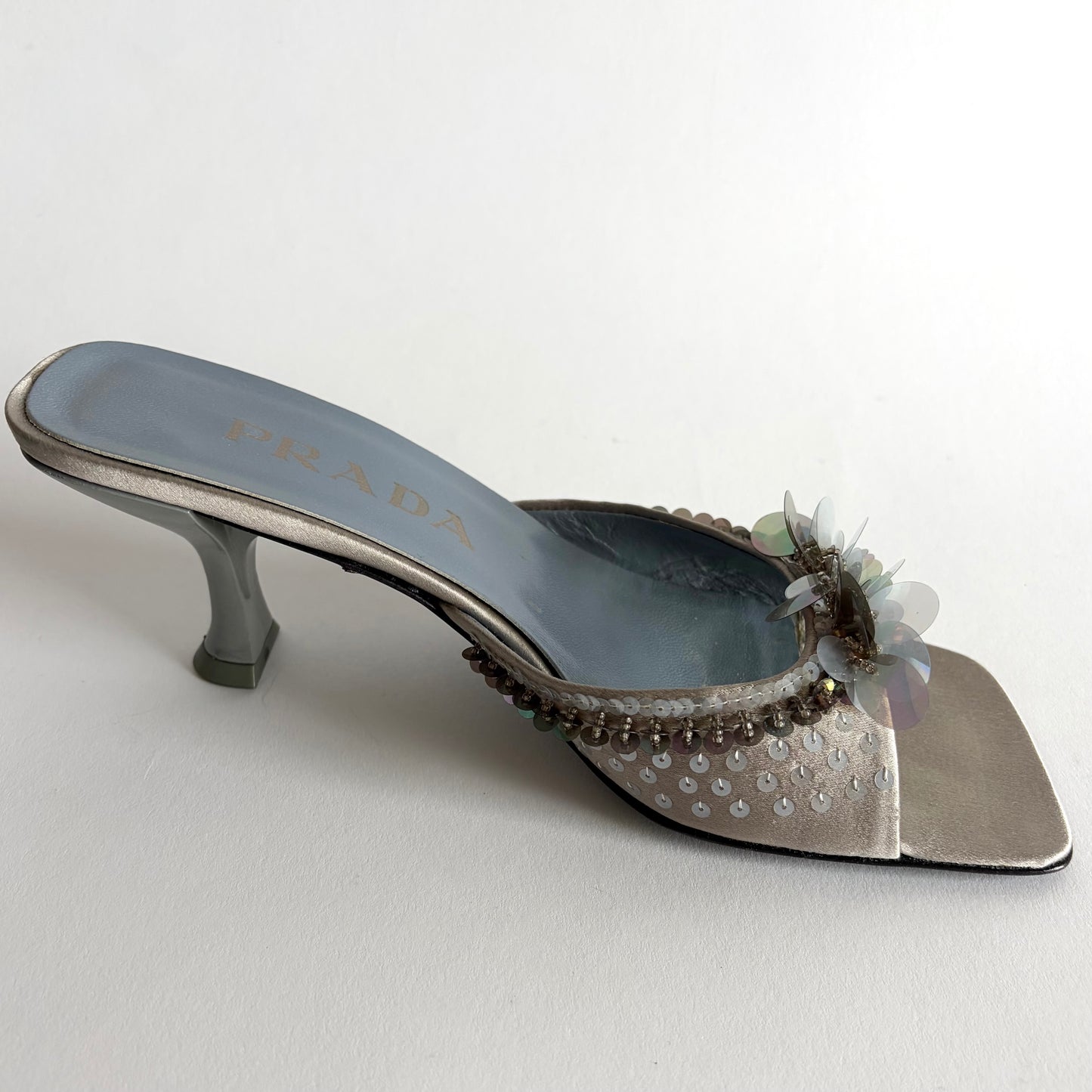 PRADA SATIN SQUARE TOE SEQUIN KITTEN HEELS