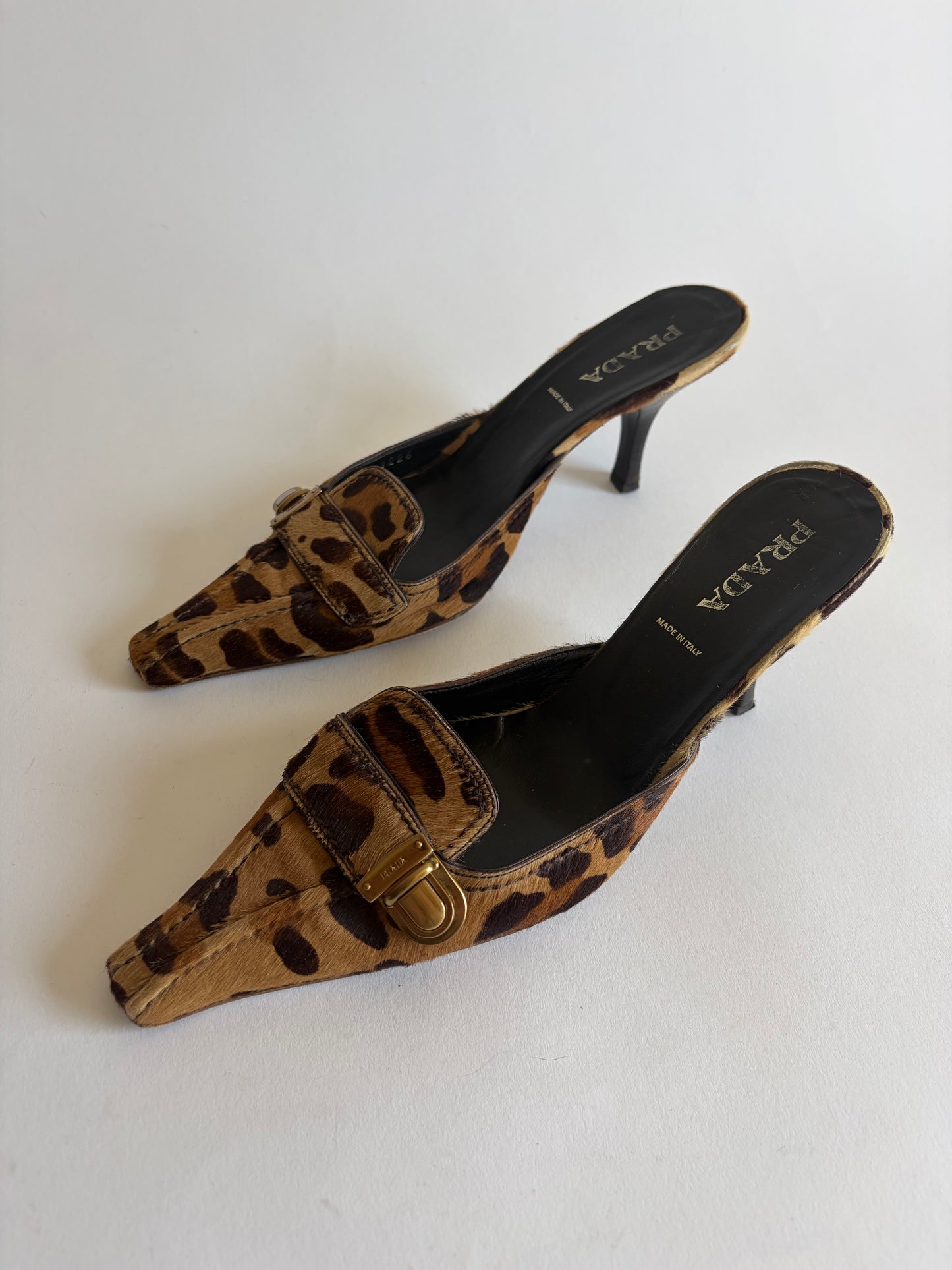 VINTAGE PRADA LEOPARD CALF HAIR POINTED TOE MULES