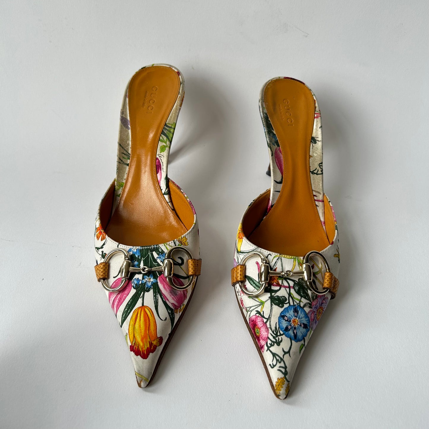 GUCCI FLORA HORSEBIT 1955 90'S ICONIC KITTEN MULES BOTANICAL PRINT SIZE 8B