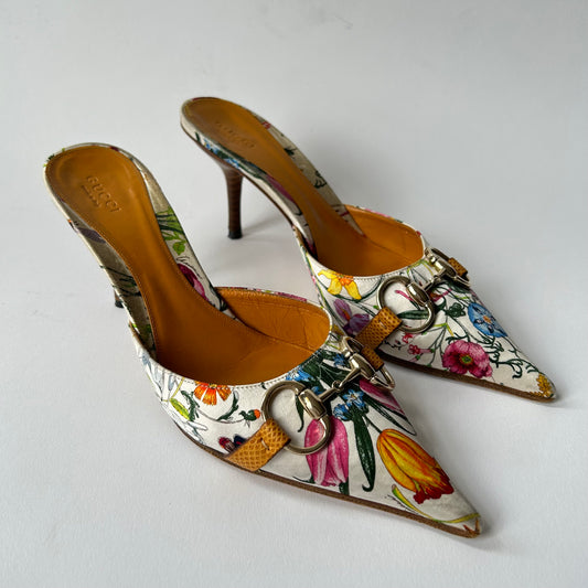 GUCCI FLORA HORSEBIT 1955 90'S ICONIC KITTEN MULES BOTANICAL PRINT SIZE 8B