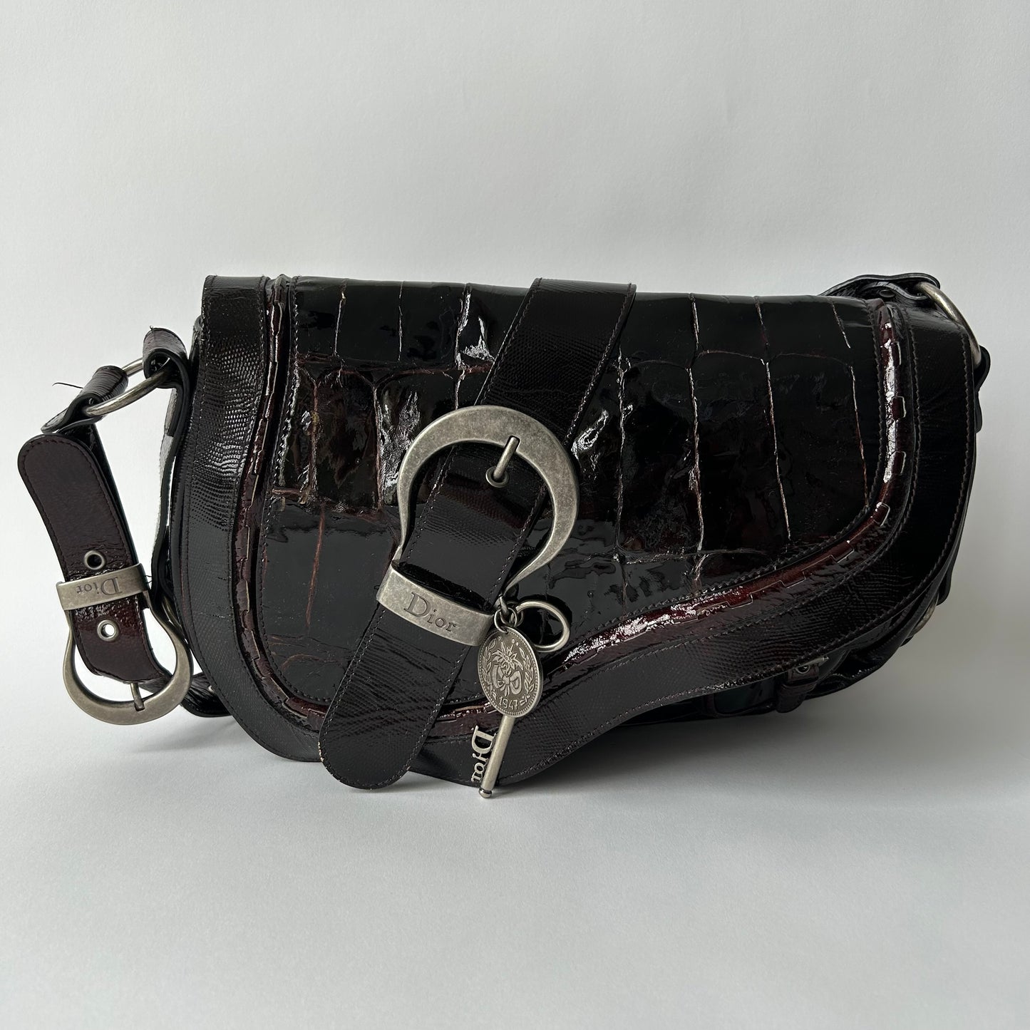 CHRISTIAN DIOR VINTAGE GAUCHO SADDLE BAG CROCODILE EMBOSSED PATENT LEATHER BAG