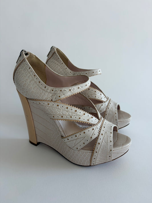CHRISTIAN DIOR 2000S WHITE STAMPED CROC BONNIE WEDGE SANDALS
