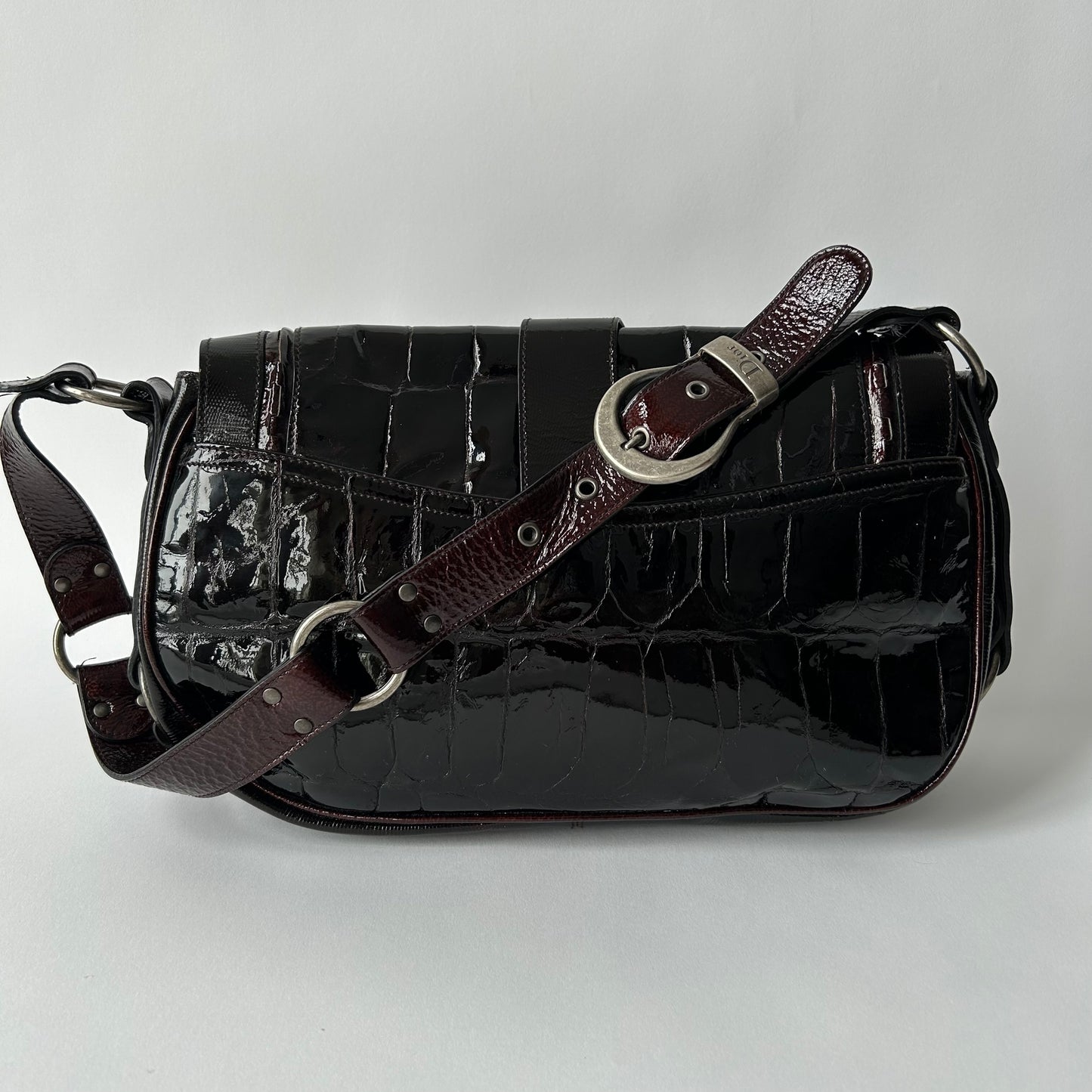 CHRISTIAN DIOR VINTAGE GAUCHO SADDLE BAG CROCODILE EMBOSSED PATENT LEATHER BAG